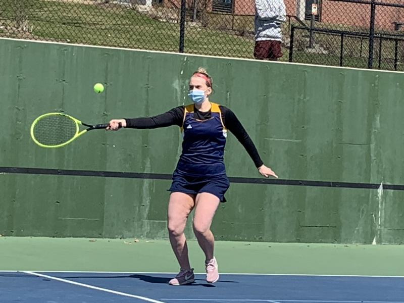 Boothbay senior Kylie Brown is known for her prowess on another hardcourt, but this spring she won her first varsity doubles match with partner Della Hahn April 23 versus Medomak Valley’s No. 1 doubles team Jordan Doughty and Gabby Sawyer 4-6, 6-2, 6-0 in Boothbay Harbor. BILL PEARSON/Boothbay Register