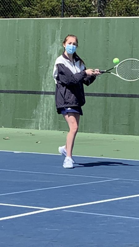 Hannah Roberts won her second schoolgirl singles match this season April 23 with a 6-1, 6-1 victory over Medomak Valley No. 2 Lizzi Swan. BILL PEARSON/Boothbay Register