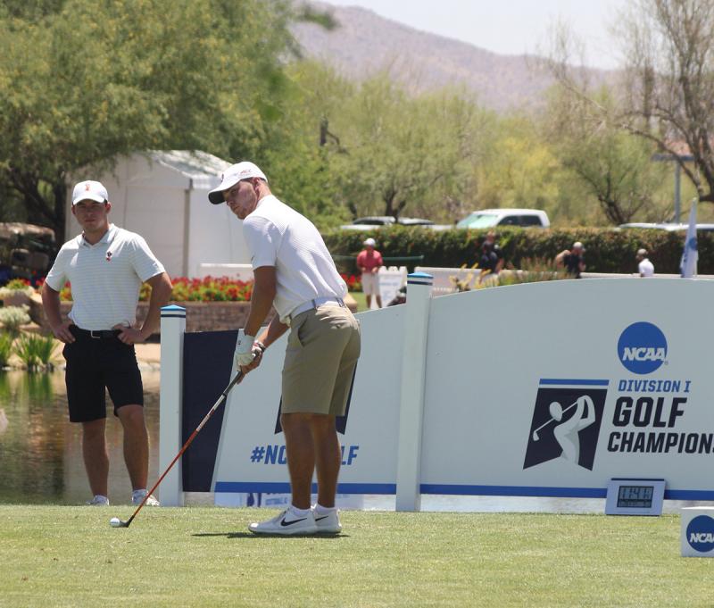 Cole Anderson teeing off the first hole during the opening day of the NCAA Division I men’s golf national championship. (Courtesy Holly S. Anderson)