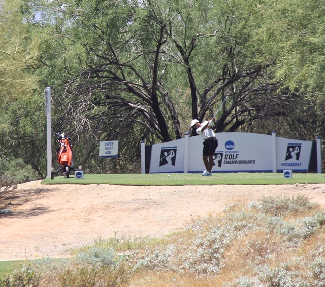 Cole Anderson teeing off on the 11th hole during the opening day of the NCAA Division I men’s golf national championship. (Courtesy Holly S. Anderson)