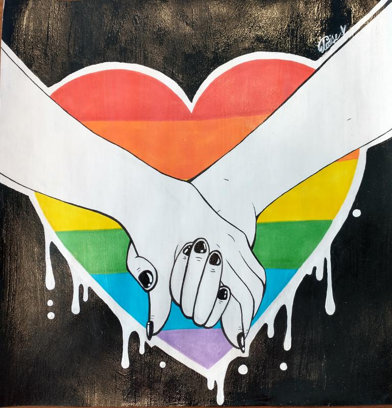 “Untitled” by Eloise. Painting of a rainbow heart behind holding hands. (Photo courtesy OUT Maine)