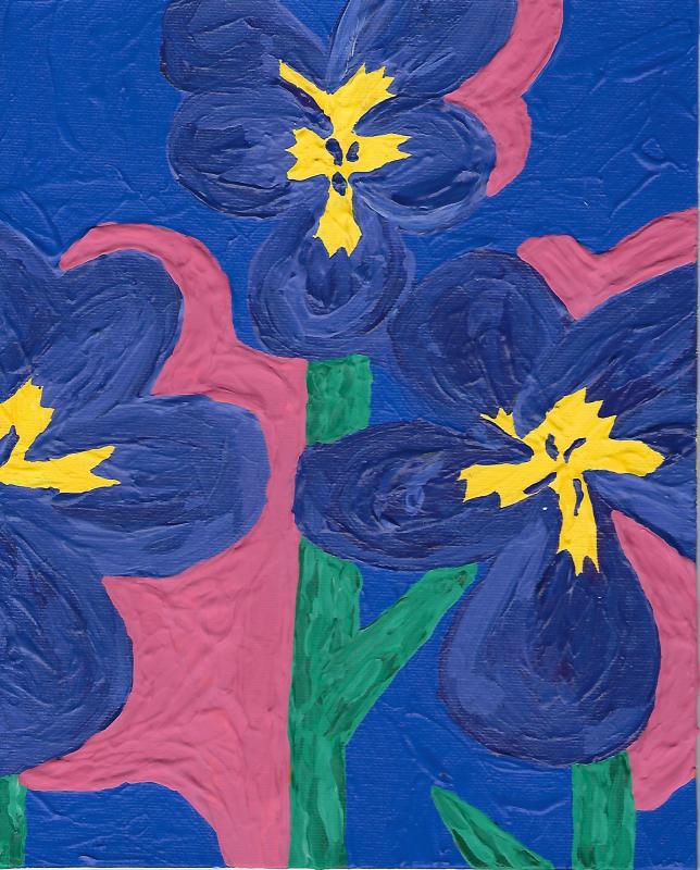 “10lbs” by Jon. Painting of blue flowers. (Photo courtesy OUT Maine)