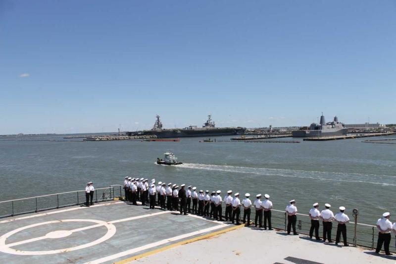 The ‘State of Maine’ approaches the Elizabeth River, entering Norfolk. (Photo courtesy Maine Maritime Academy)