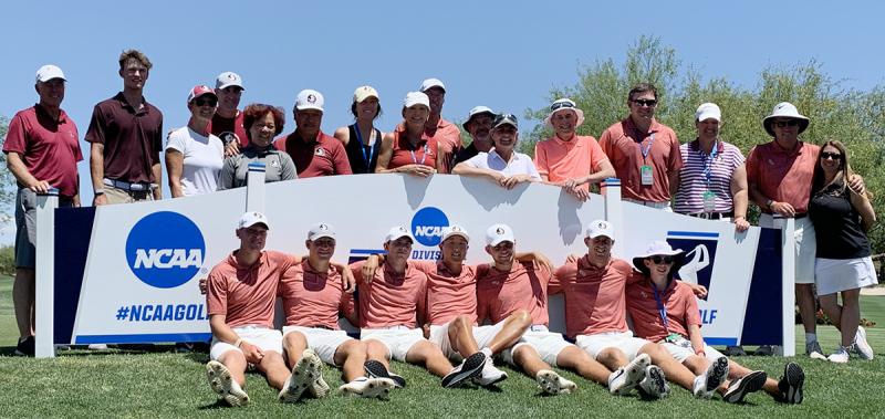 Coaches and parents of Florida State University golfers stand behind the members of the Seminoles’ golf program. Sitting from left are Vincent Norrman, Brett Roberts, Greyson Porter (tournament substitute), John Pak, Cole Anderson, Frederick Kjettrup and Drew Jones (son of head coach). (Courtesy Holly S. Anderson)