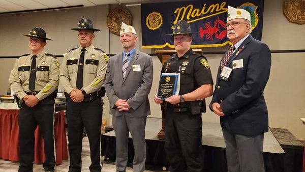 Pictured left to right are KCSO Chief Deputy Patrick Polky, KCSO Sherriff Tim Carroll, Maine Legion Department Commander Mat Jabaut, KCSO Lt. Arthur Smith and Maine Legion 2nd Vice Commander Kirk Thurston after the presentation of the National American Legion Award for the Northeast Region Law Enforcement Officer of the Year for 2020. (Photo courtesy War Memorial Post 30)