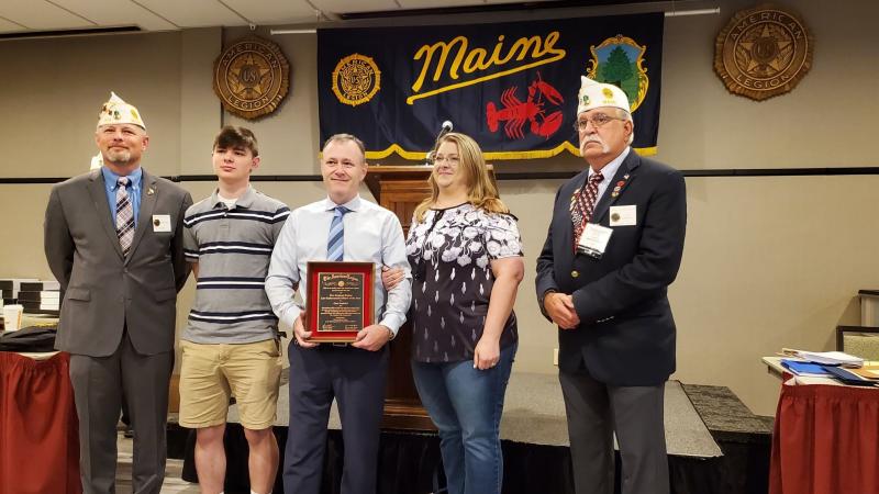Pictured left to right are Maine Department Commander Mat Jabaut, Nathan Andrick, Camden Police Detective Sgt. Curt Andrick, Dawn Andrick and Maine Legion Second Vice Commander Kirk Thurston. (Photo courtesy War Memorial Post 30)