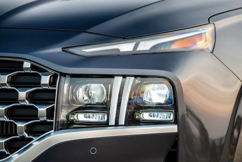 The Santa Fe’s new “face” has a three-dimensional grille and LED lights, including daytime running lights, and the Calligraphy trim includes radar sensors, ultrasonic sensors and cameras.