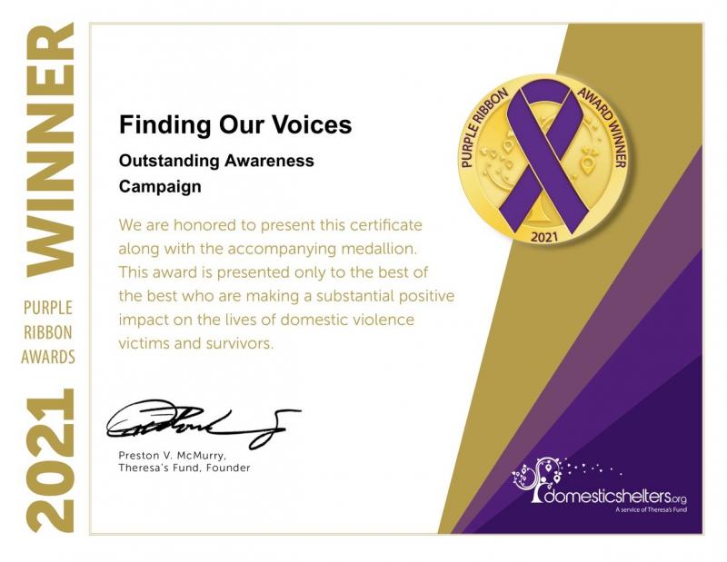 Finding Our Voices’ Purple Ribbon Award for Outstanding Campaign. Courtesy of Patrisha McLean