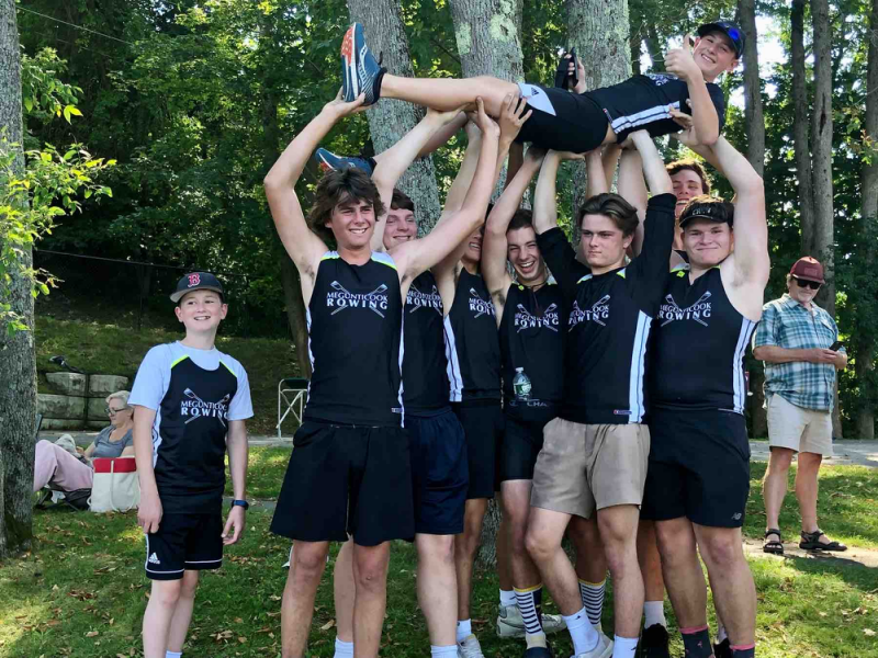 Megunticook Rowing boys team members from left: Aaron Dowd, Carlton Richmond, Tanner Carson, Oliver Castle, Dominic Piconi, Oliver Haynes, Noah Thackeray, Devin Guptill, and coxswain Connor Howland (up top!).