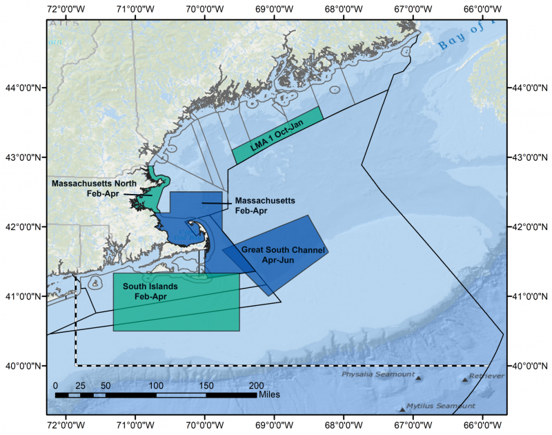 “One of the methods for reducing the number of buoy lines when and where right whales are present is to extend the boundaries of one seasonal buoy line closure area, and implement two new areas where vessel operators are prohibited from fishing for lobster or Jonah crab with traps or pots using buoy lines to mark the ends of trawls and retrieve gear,” said NOAA Fisheries. “However, they would be able to fish in these areas using ropeless trap or pot gear. Two existing seasonal restricted areas are also modified to allow fishing without buoy lines.”
