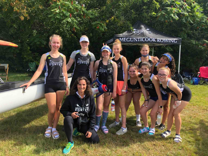 From left are Iselin Bratz, Veronica Waters, Anna Piconi, Adella Brainerd, Rachel Aldridge-Peacock, Laura Riordan, Greer LaFiura and Sofia Howell with coach Joline Blais in front.