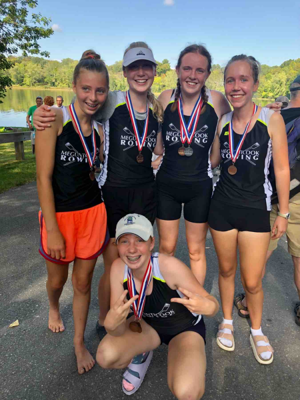 Girls Novice 4+ "B" boat. From left are Adella Brainerd, Veronica Waters, Maggie Gill, Flora Gurdon with Anna Piconi crouched down in front.