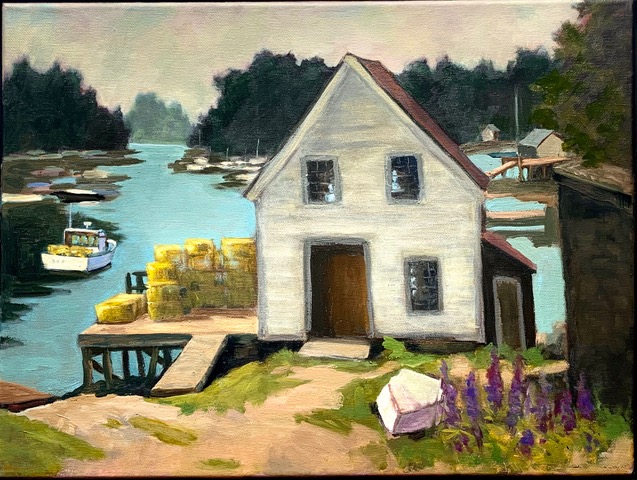 Alexandra Perry-Weiss, “Cozy Harbor”, o/c, 12x16. (Photo courtesy Pemaquid Art Gallery)