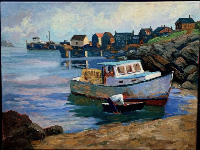 Alexandra Perry-Weiss, “Monhegan Beach”, o/c, 12x16. (Photo courtesy Pemaquid Art Gallery)
