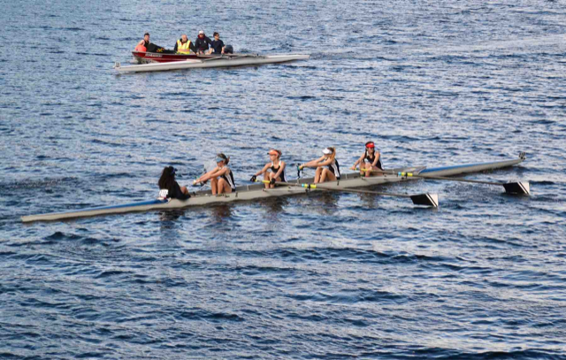 The girl’s novice 4 warming up on way to start. From left, Sofia Howell (coxswain), Flora Gurdon, Adella Brainerd, Ava Tobias and Greer LaFiura.