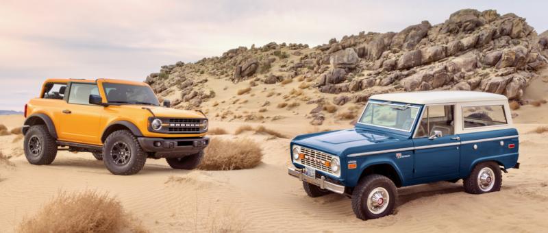 Broncos, then and now. The vintage Bronco’s coil-spring front suspension and relatively short wheelbase allowed a tight turning radius—a feature also found on the revival Bronco.