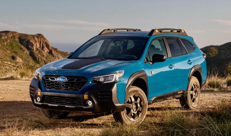 Note the Wilderness Outback’s tall stance, large fender cutouts, blacked-out trim and wheels, tucked-in bumpers, “non-glare” hood and heavy-duty roof rails. The new color is Geyser Blue—“inspired by Subaru’s rally heritage and the scenery only found in the US National Parks.”