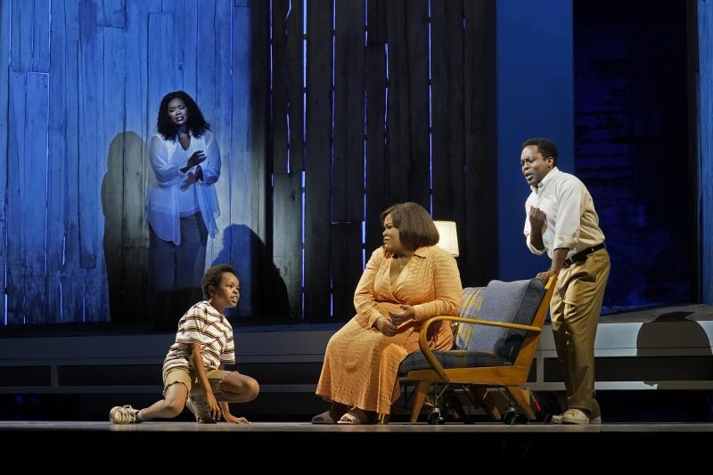 Angel Blue as Destiny, Walter Russell III as Charles-Baby, Latonia Moore as Billie, and Will Liverman as Charles in Terence Blanchard's "Fire Shut Up in My Bones." Photo courtesy of Ken Howard / Met Opera.