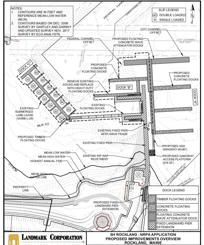 The plans of what is to be, as approved by the Maine Department of Environmental Protection, for the new Safe Harbors Marina expansion project on the Rockland waterfront. Citizens are appealing that permit approval, however. plans