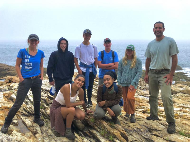 2021 Summer Teen Ag Crew on a fieldtrip to MCHT’s Monroe Island preserve. Back left to right: Amanda Devine (MCHT Steward), Cole Thompson (Teen Ag Intern), Charlie Moss (Teen Ag Leader), Curtis Bibber (Teen Ag Intern), Liv Caron (MCHT Prog. Assist.), Aaron Englander (MCHT Erickson Farm & Program Mgr). Front left to right: Lea Jean Francois (MCHT Food & Land Access Intern), Zhenya Mikha (Teen Ag Intern). Photo courtesy Maine Coast Heritage Trust