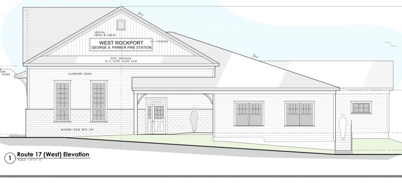An architect’s drawing of the Route 17 side of the new West Rockport Fire Station.