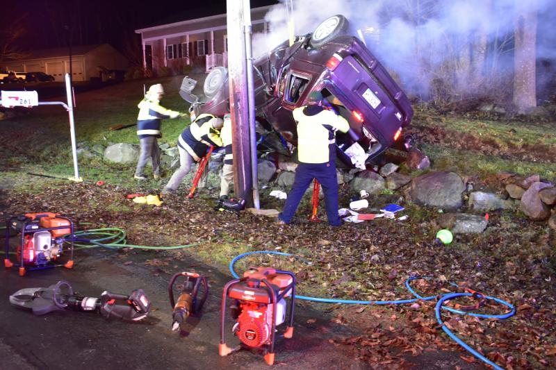 A crash on Route 1 in Rockport at midnight April 10 injured one woman, and drew multiple first responders to the scene. (Photo courtesy Rockport Fire Department)
