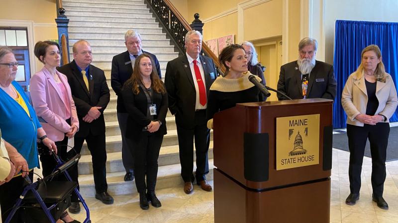 Sen. Lisa Keim (R-Dixfield) speaks at a press conference held by members of the Judiciary Committee on April 20 to advocate for the state legislature to commit $1.2 million to public defense services. Maine will use some of the money to hire the state’s first five public defenders. Photo by Samantha Hogan.