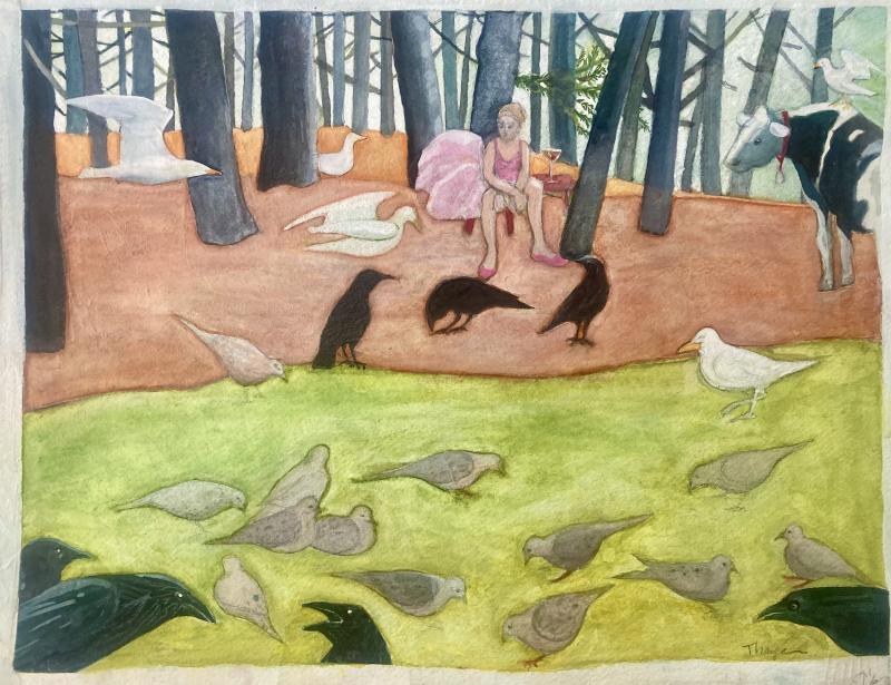 “Dancer With Manhattan at Bird Point, Cushing, Maine,” is a watercolor by Edgecomb-based artist Suzi Thayer. Thayer is Southport Memorial Library’s artist of the months May and June. Courtesy of the artist Suzi Thayer/SThayerART