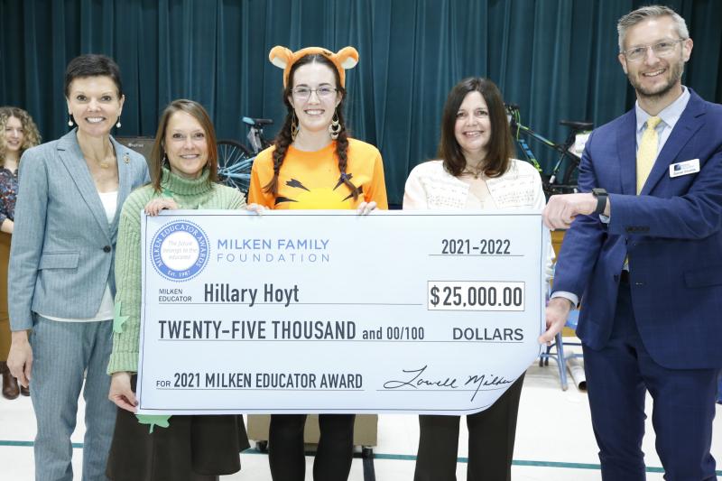 From left, Stephanie Bishop, vice president of the Milken Educator Awards; Leroy H. Smith School Principal Dawn Moore; recipient Hillary Hoyt; RSU #22 Superintendent Regan Nickels; and Maine Department of Education Deputy Commissioner Dan Chuhta. (Courtesy Milken Family Foundation)