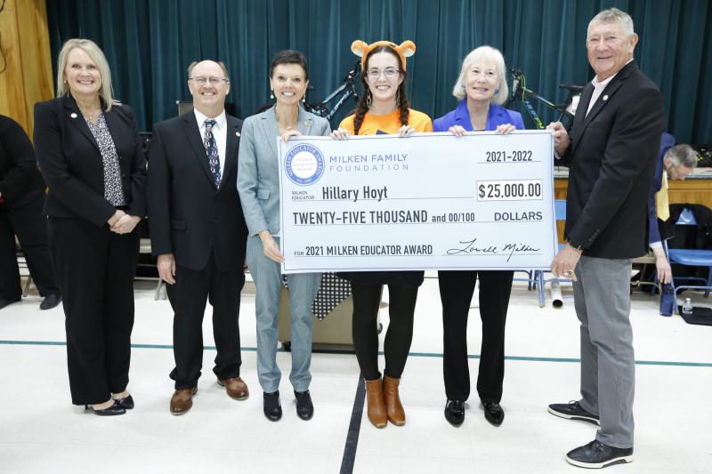 From left, Kristie Clark (ME '10); Vaughn Martin (ME '02); Stephanie Bishop (VA '01), vice president of the Milken Educator Awards; recipient Hillary Hoyt (ME '21); Mary Giard (ME '92); and Richard Durost (ME '95). (Courtesy Milken Family Foundation)