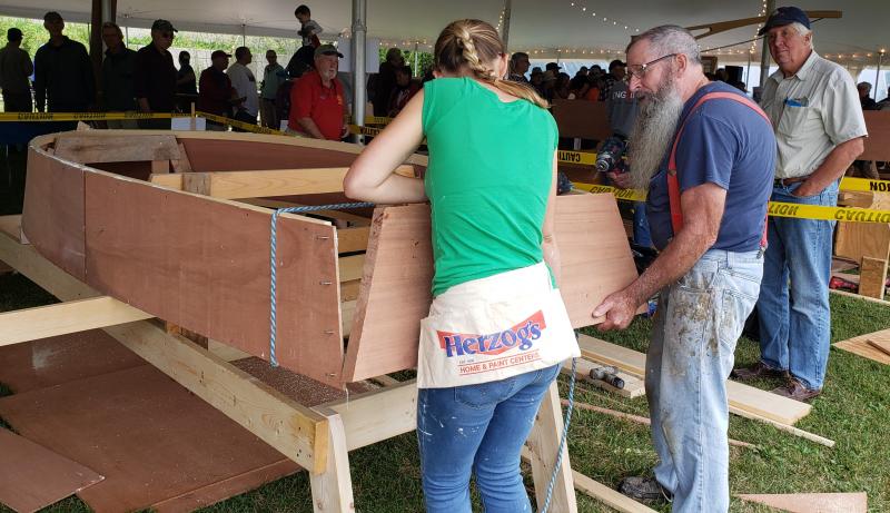 National Boatbuilding challenge builders at Belfast Harbor Fest in 2019. (Photo courtesy Belfast Rotary Club)