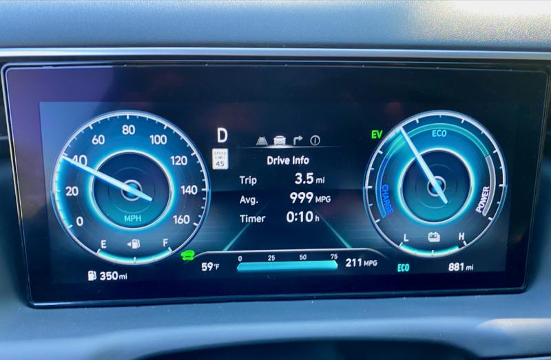 While e-driving, the trip computer doesn’t really know what to do, so it throws up its metaphorical hands and says “999 MPG”!