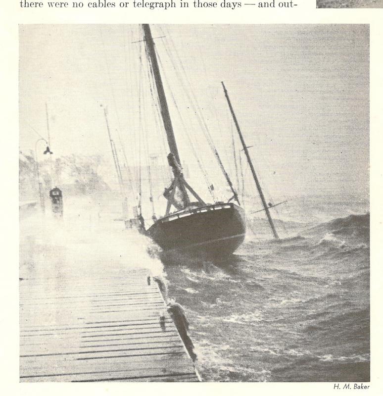 Commodore Huber Toppin's 43-foot schooner pounding against the pier of the Essex Y.C. The cutter Typhoon has sunk outside her. H.M. Baker photo, courtesy of Peter Thompson