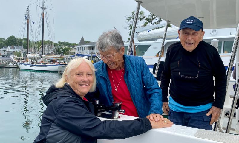 Janet Halsey, receptionist at the Camden Harbor Master’s building, with Ruth and Herb Weiss. (Photo courtesy Camden Harbor Master)
