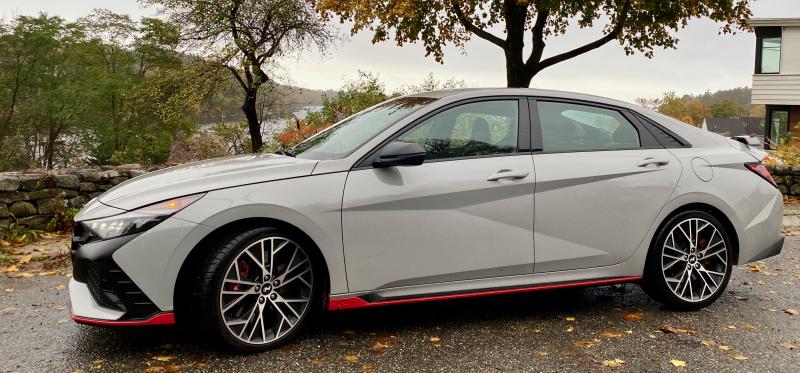 Hyundai’s all-new sports sedan occupies a sweet spot between versatility and fun, an identity perfectly expressed here in Cyber Gray with red accents, aero widgets fore and aft, and spidery 19-inch alloy wheels with Michelin Pilot Sport 4S tires.