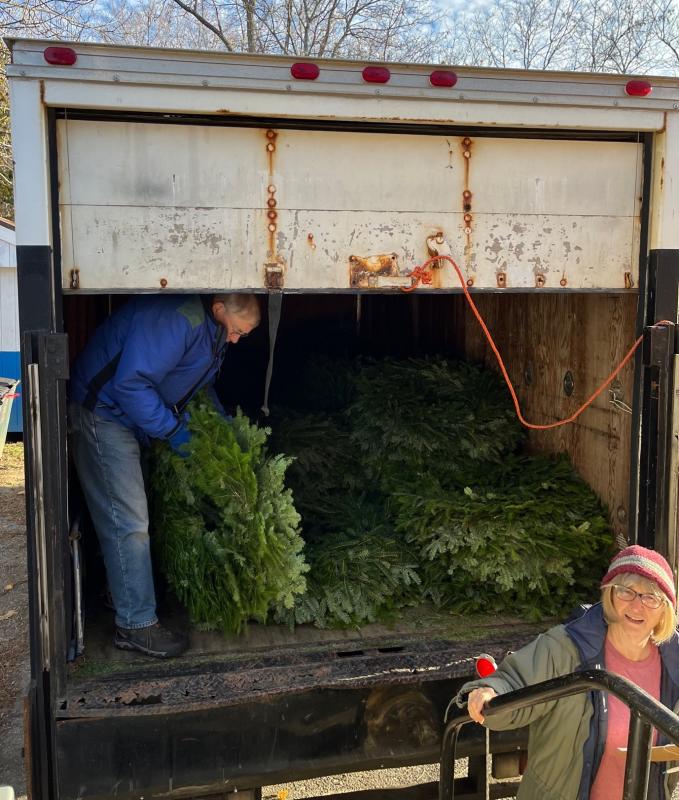 Wreaths arrive before 8 a.m. at the Camden American Legion from local Damariscotta provider Evergreen Farms and are unloaded for assembly by Camden Garden Club. (Photo courtesy Camden Garden Club)