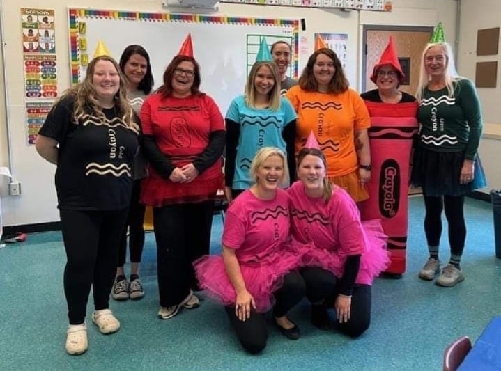 All the colors in the box – staff dressed as crayons. (Photo courtesy South School)