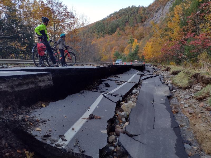 Turnpike Drive in Camden, Oct. 31, 2021, following a heavy rain storm. Route 52 was closed for six days while repairs were made to the state-owned road that is heavily used by commuters traveling to and from Lincolnville and other towns. Turnpike Drive, between Beveridge Farm and Maiden Cliff parking lot, washed out and closed in the early morning hours of Oct. 31, 2021, following a tremendous rain and wind storm that dumped more than 5.5 inches of rain in the course of several hours in the immediate Midcoast, causing much damage in the local region. (Photo courtesy Brian Robinson)