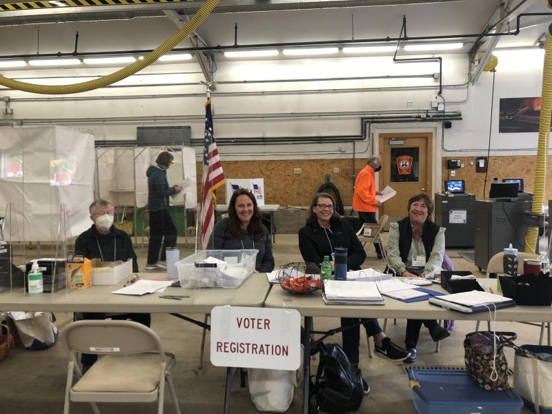 Rockport’s Select Board will be appointing Liz Lowe as the new town clerk, following the retirement of current Town Clerk Linda Greenlaw. In this Nov. 2, 2021 Election Day photo in Camden, Lowe sits with Camden town office staff. From left to right: Elaine Davis, Liz Lowe, Kendall Espinoza, and Camden Town Clerk Katrina Oakes.