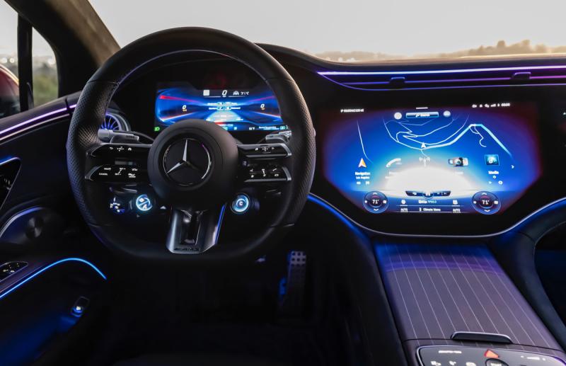 Mercedes-Benz’s MBUX Hyperscreen is essentially a computer touchscreen that extends across the dashboard from door to door.