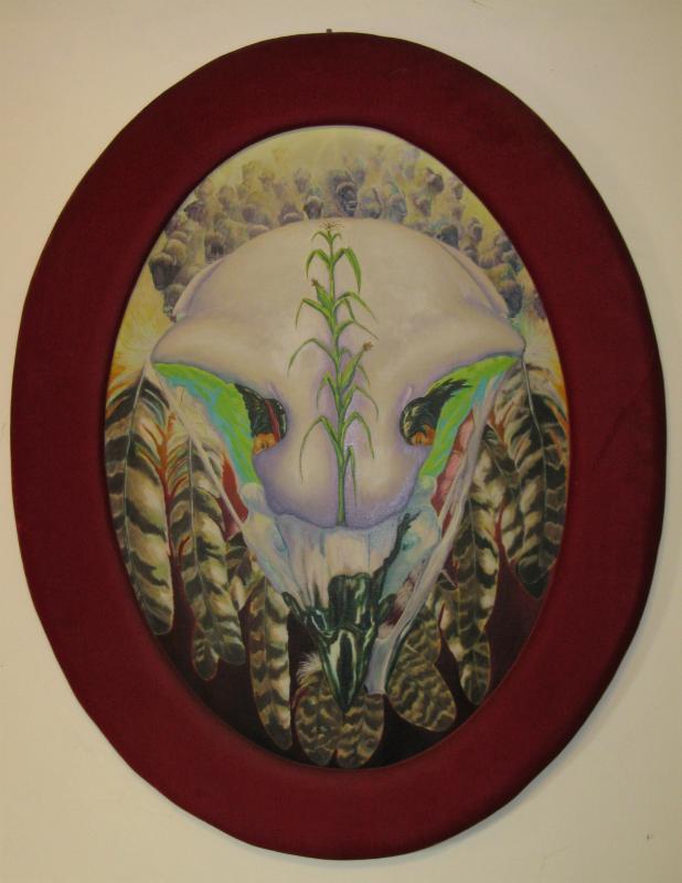 "Between the Future and the Past" is oil on canvas with a velvet frame. (Photo courtesy The Gibbs Library)