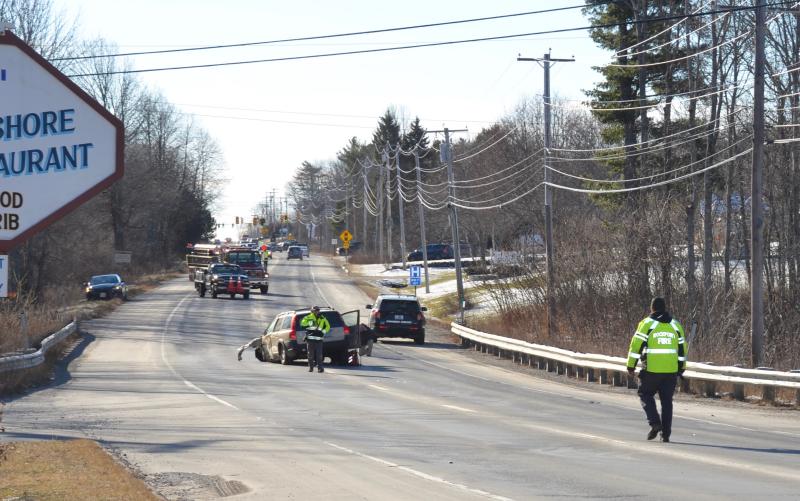 A stretch of Route 1 near the entrance of Pen Bay Medical Center was closed for 45 minutes Jan. 11 while firefighters extricated drivers from their vehicles and ambulance crews tended to them. (Photo by Lynda Clancy)