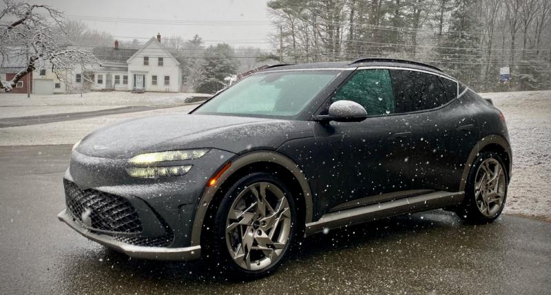 A little snow doesn’t bother the two-motor AWD GV60 but, as with all modern cars, snow and slush can block the forward sensors, shutting down the lane-keeping and interactive cruise-control systems. New England drivers may be used to this, but not to the GV60’s whisper-quiet driving.