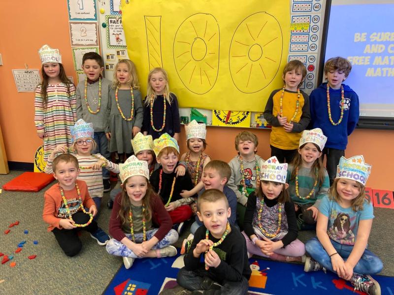 The LCS Kindergarten celebrates 100 days of school. (Photo courtesy of Lincolnville Central School) Kindergarten