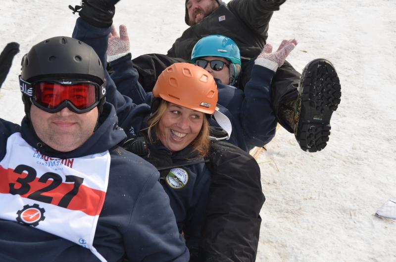The Town of Rockport toboggan beat out its main competitor this year, the Town of Camden. The tradition of the two-town sled competition began in 2016 when two toboggans filled with four select board members from each town pitted their times against one another. That year, Camden won. This year, the Rockport toboggan was filled with Town Manager Jon Duke, Harbormaster Abbie Leonard, Finance Director Megan Brackett and Public Works crew member Kevin Grierson. (Photo by Lynda Clancy)