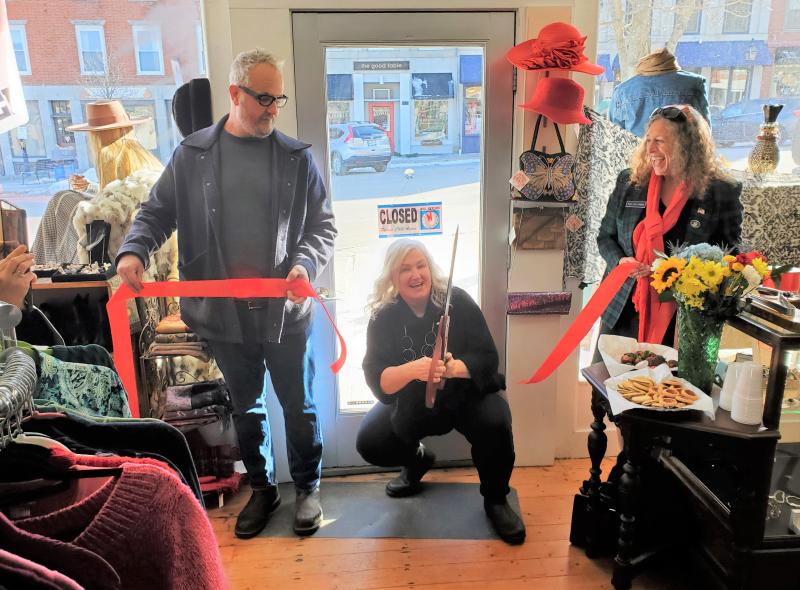 Chase Bowles, Theresa Bowles, and State Rep Jan Dodge at Second Hand Eve. (Photo courtesy Belfast Area Chamber of Commerce)