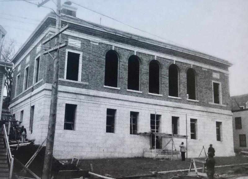 The Camden Post Office under construction in 1914. “The local Post Office on Chestnut Street is where everyone meets and greets,” wrote historian Barbara F. Dyer, who lived all of her life in Camden. “It was built there in 1914. It was the finest government building in any town, especially with a then population of 3,400 people. It cost $85,000. Camden never wanted to part with it, fighting the government and winning, when the Post Office authorities later wanted to build one located out of the business district.”