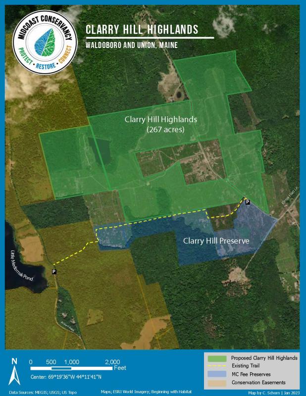 Map of Clarry Hill and the parcels that Midcoast Conservancy is working to protect with your help. #bird-column, #Clarry Hill, #Midcoast Conservancy, #birds, #maine, #jeff and allison wells