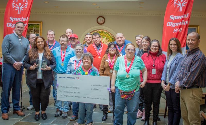 Left to right – unless otherwise noted, individual is a Bank of America employee and Special Olympics athlete: Brian King, President, Bank of America Maine; Peter Moody of Belfast, Maine; Lisa Bird, Special Olympics Maine; John Paul Carr of Belfast, Maine; Jared Stewart of Rockland, Maine; Bill King of Stockton, Maine; Ken MacLeod; Daisy Curtis of Belfast, Maine; Margi Stearns of Belfast, Maine; Frank Carr of Searsmont, Maine; Kurt Leidenroth of Thomaston, Maine; Patricia Saucier of Searsport, Maine; Dan Rancourt of Rockland, Maine; Sherri Carr of Belfast, Maine; Caitlin Munroe of Rockport, Maine; Anna Strout of Searsport, Maine; Latricia Saucier of Searsport, Maine; Mary Tripp, Belfast Site Leader, Bank of America; and Brian Bragg, Support Services Department Manager, Bank of America. (Photo courtesy Bank of America)