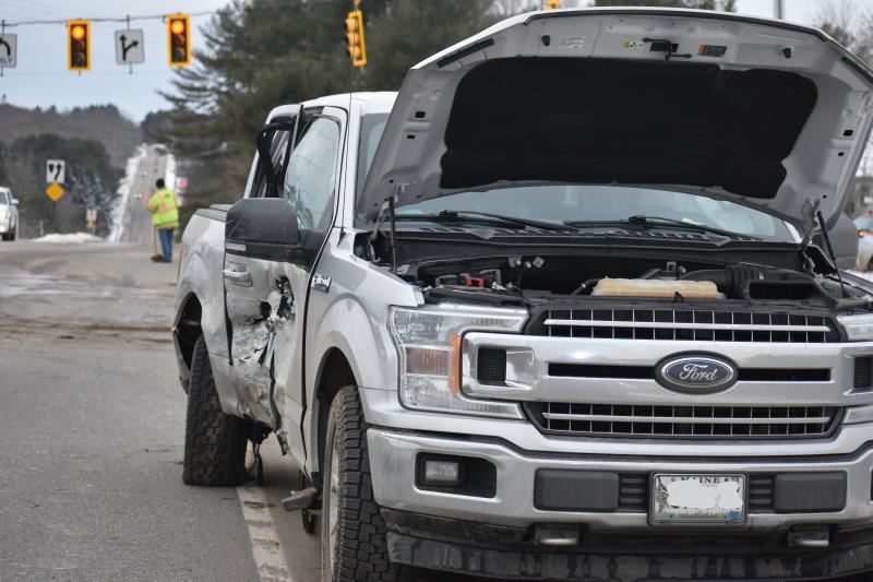 One of two vehicles involved in a motor vehicle accident in Warren came to rest in the opposite travel lane of a busy intersection. (Photo by Sarah Thompson)